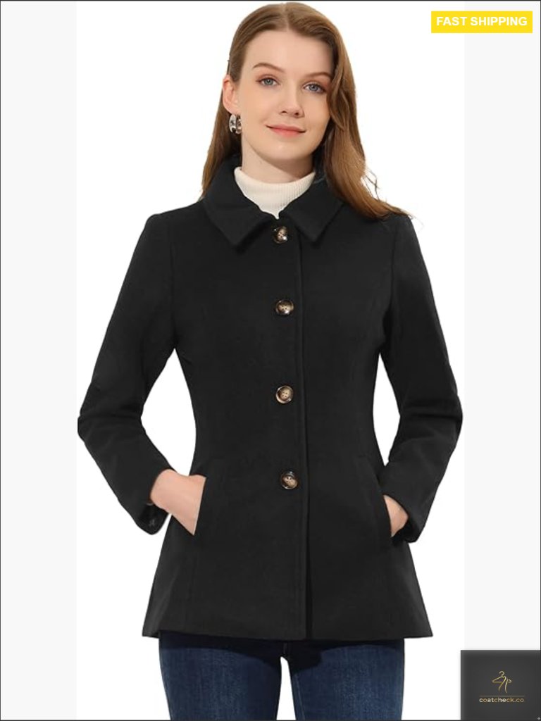 Classic Pea Coat Elegant Office Winter Overcoat Single Breasted Point Collar